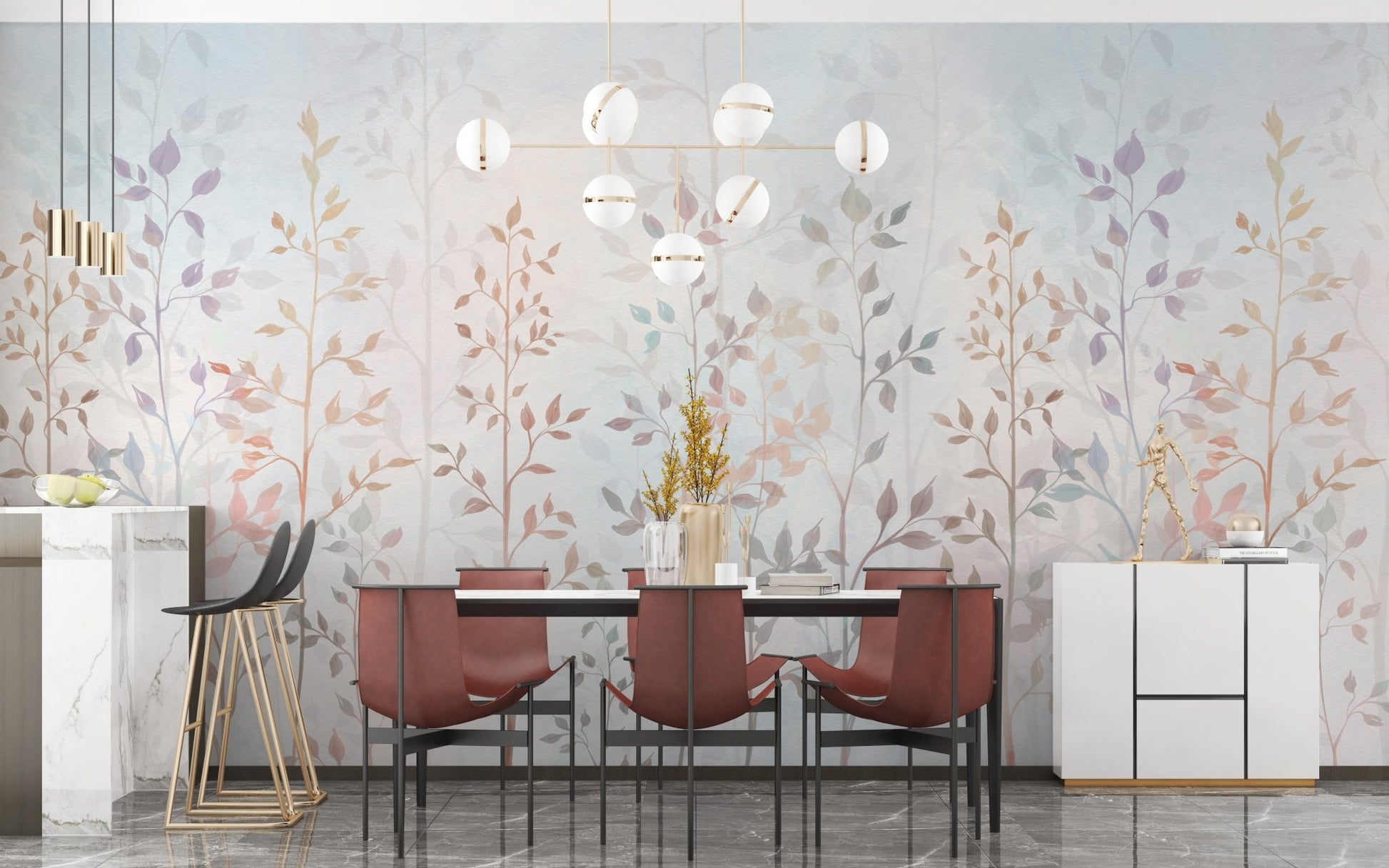 Contemporary dining room decor featuring a long grass wall mural design.