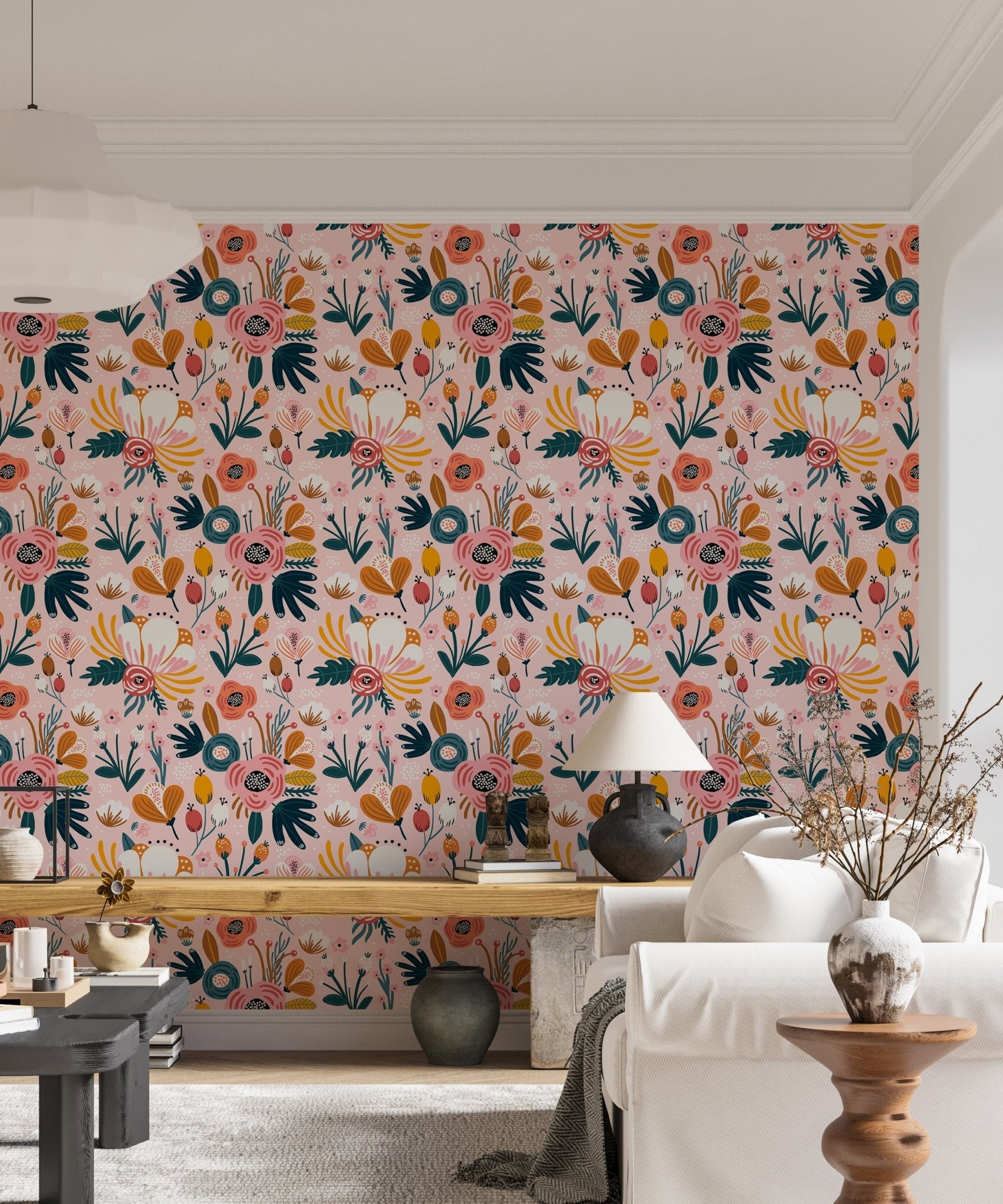 Large scale floral wallpaper in living room featuring teal and orange petals.