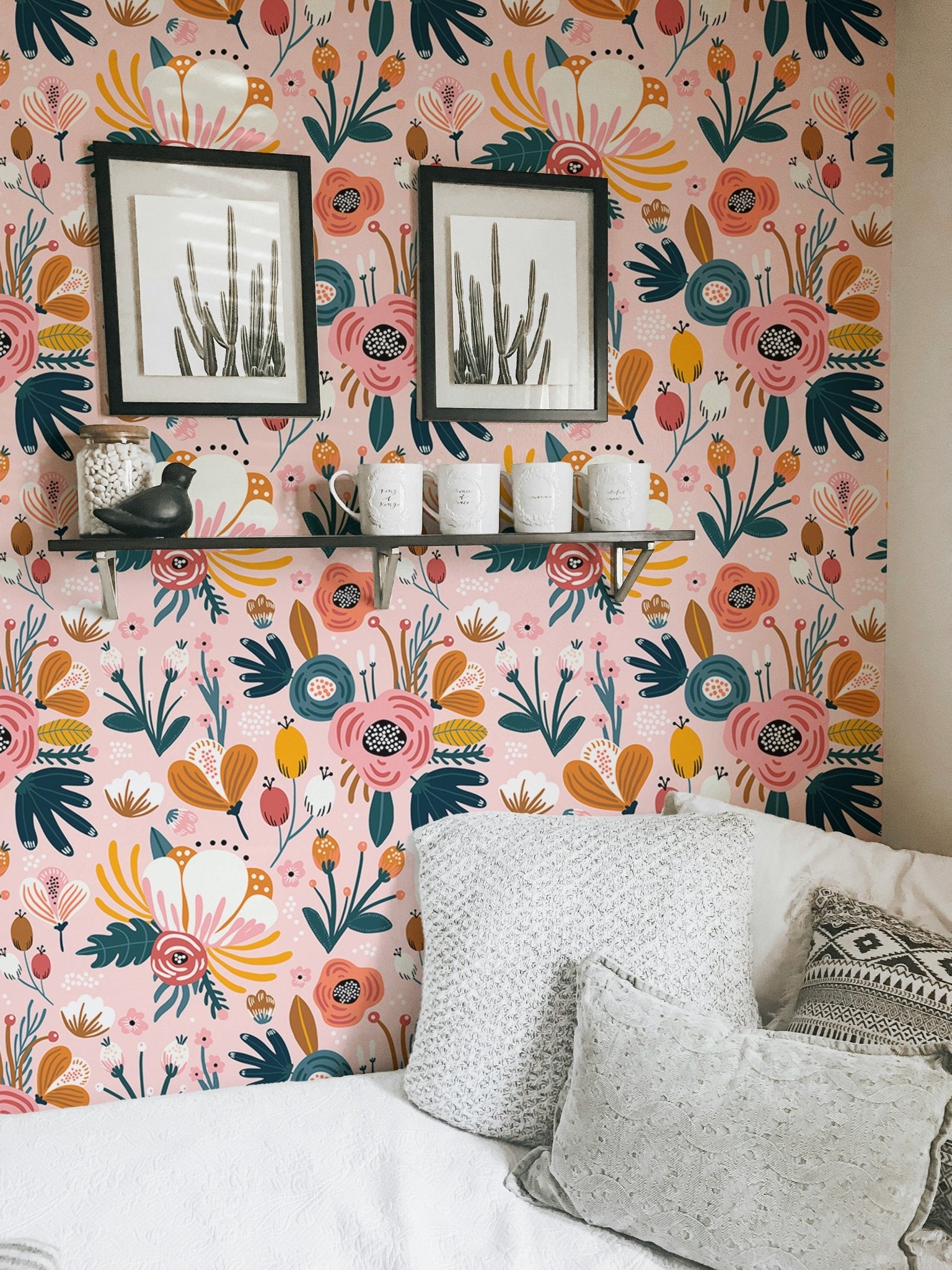 Colorful flower wallpaper in a modern hallway with natural light.