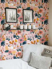 Colorful flower wallpaper in a modern hallway with natural light.
