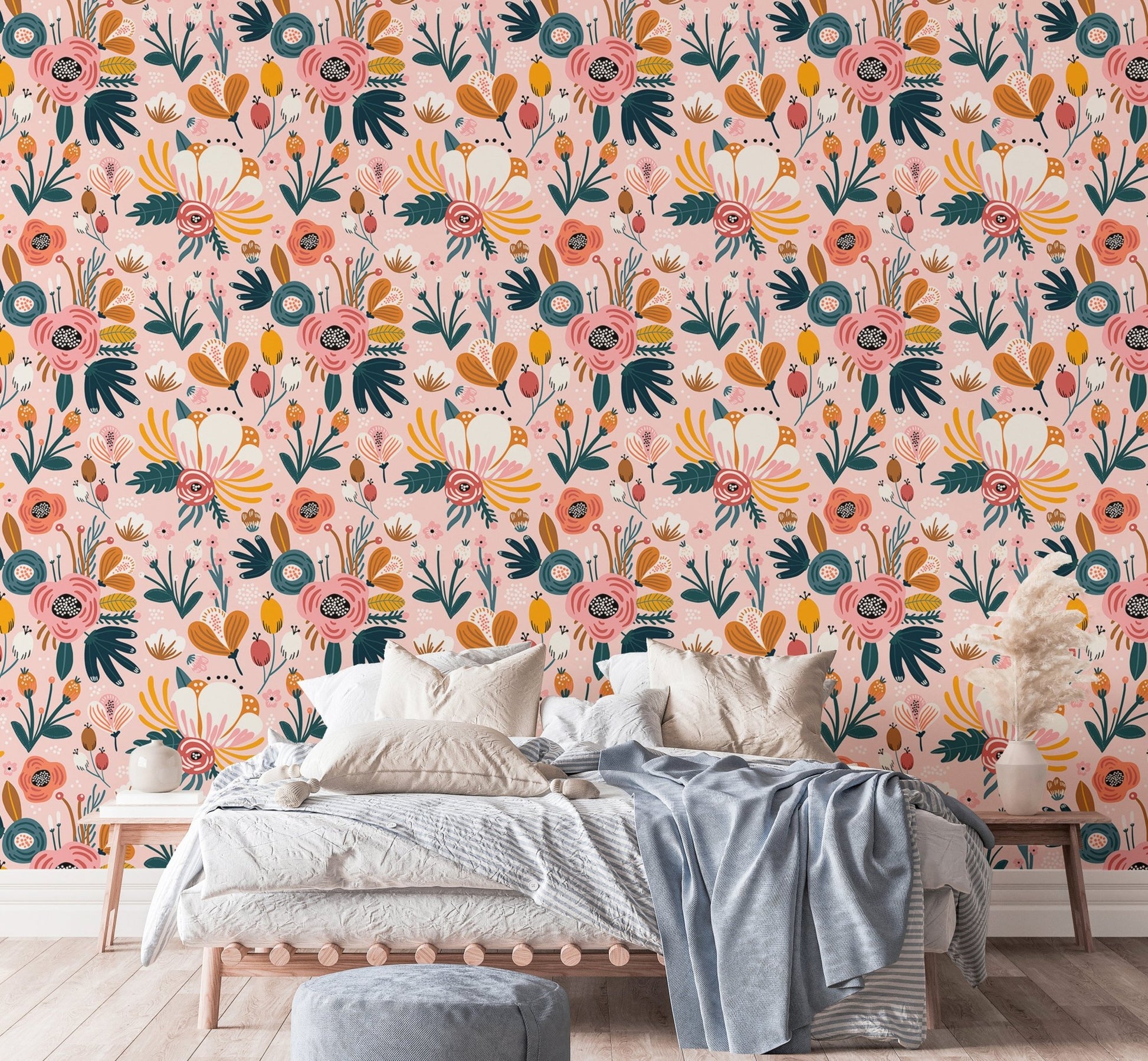 Hand drawn flower pattern wallpaper on a feature wall in a guest room.