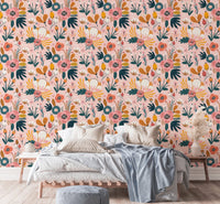 Hand drawn flower pattern wallpaper on a feature wall in a guest room.