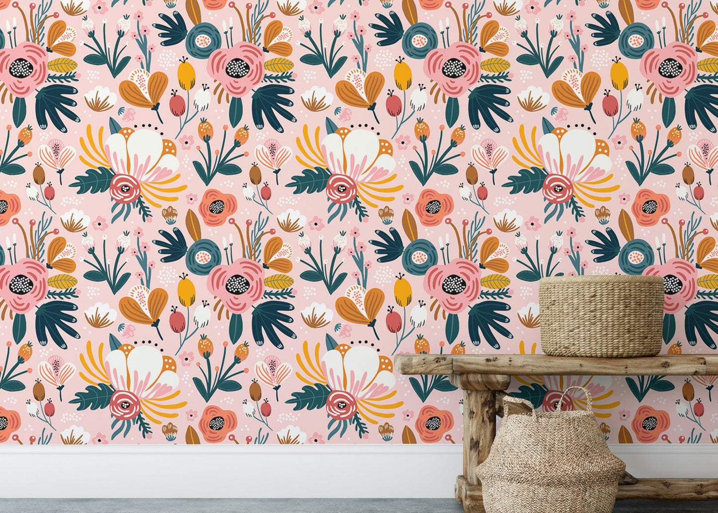 Pink background floral wallpaper styled with wooden furniture.