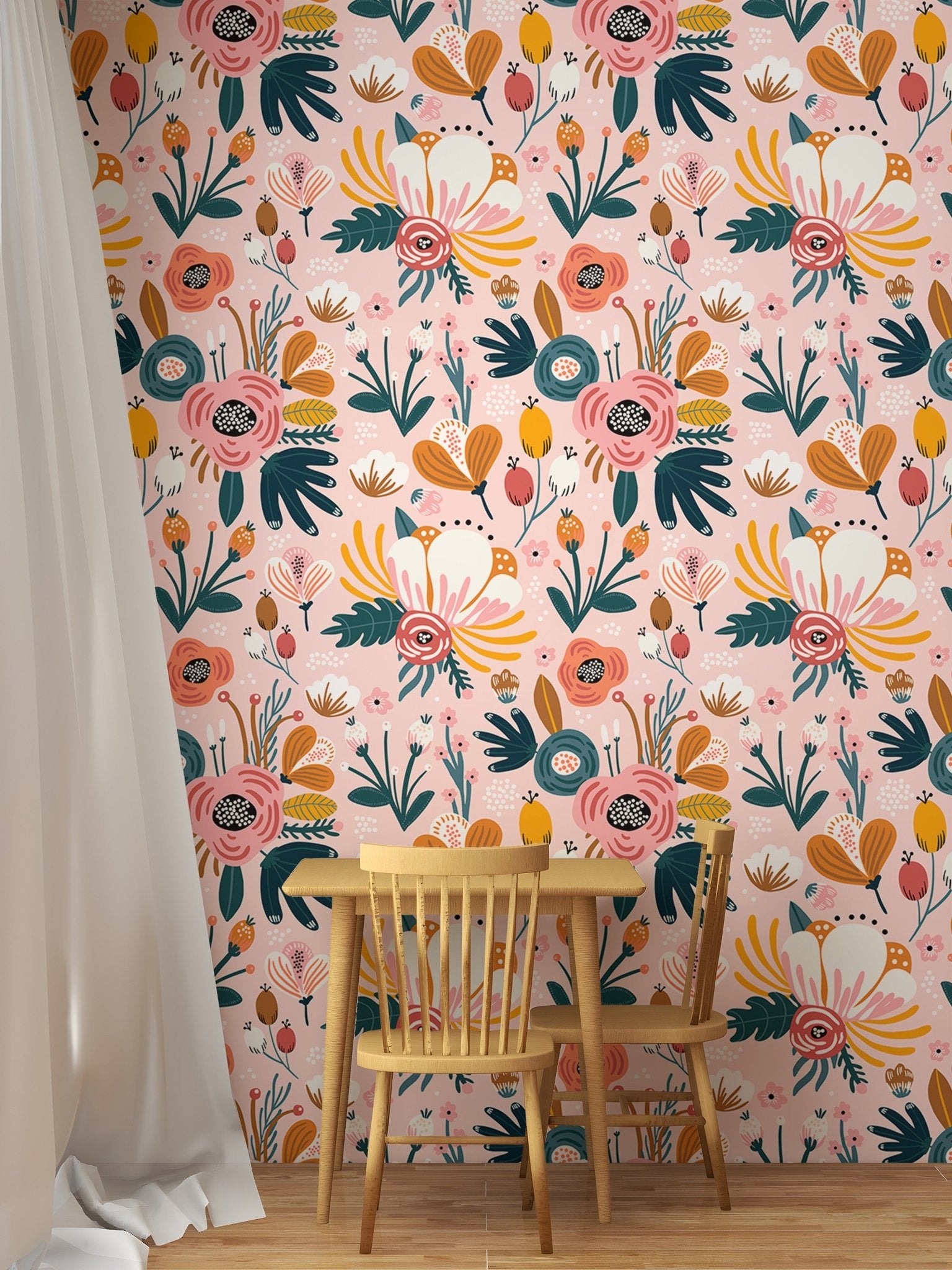 Floral wallpaper with hand drawn teal and mustard flowers in dining space.
