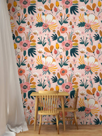 Floral wallpaper with hand drawn teal and mustard flowers in dining space.