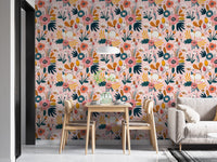 Pink background flower wallpaper in dining area with wooden table and chairs.