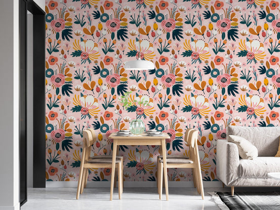 Pink background flower wallpaper in dining area with wooden table and chairs.