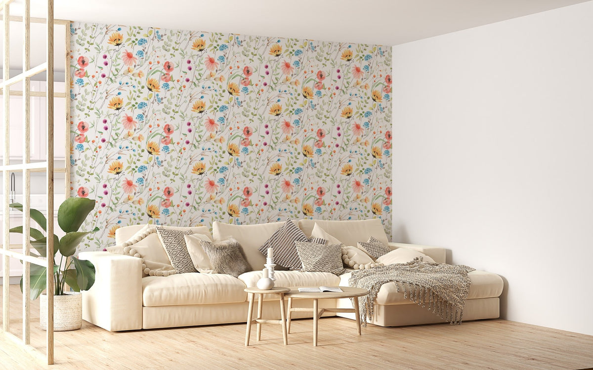 Large sofa in a bright living space with abstract floral wallpaper.