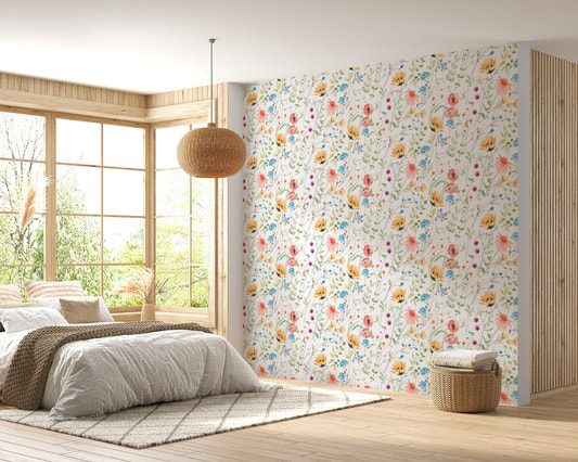 Bedroom with Colorful Flowers Abstract Green Plants White Wallpaper and wooden bed.