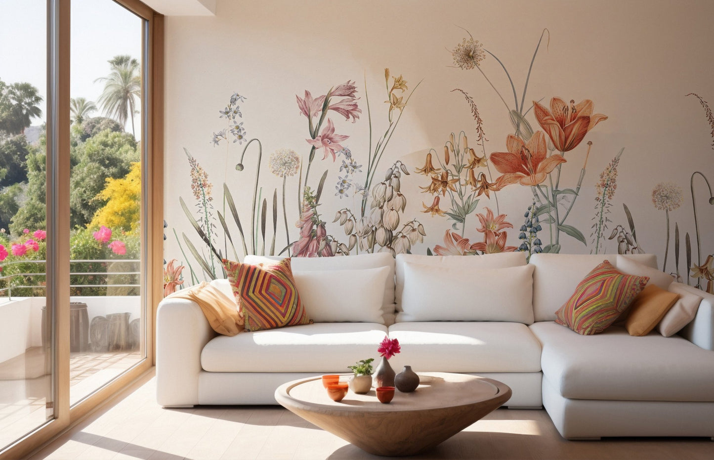 Colorful Flowers Beige Background Wall Mural in a sunlit lounge area.