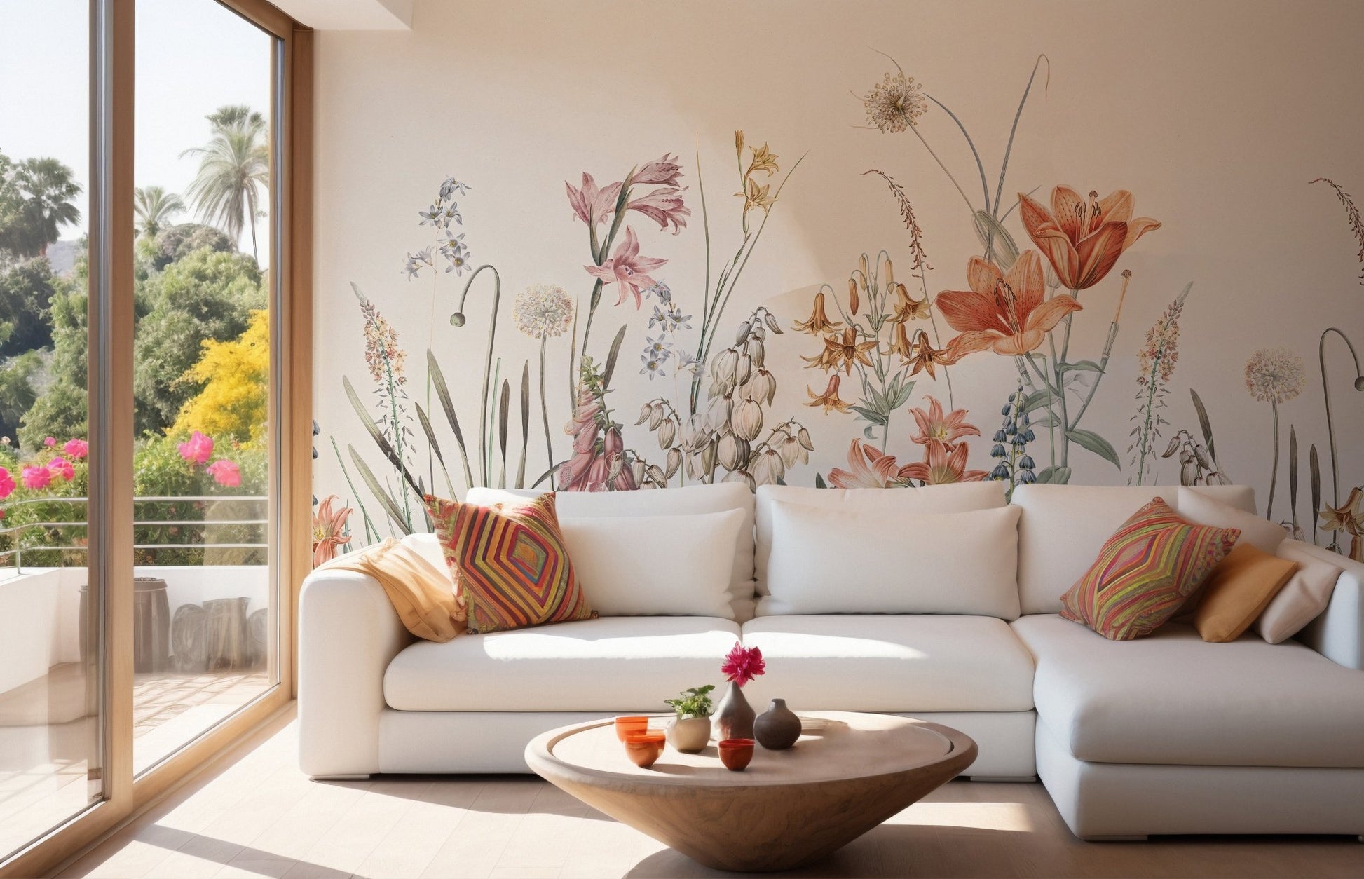 Colorful Flowers Beige Background Wall Mural in a sunlit lounge area.