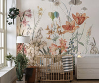 Vibrant flowers on beige wall mural in minimalist nursery.