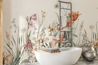 Elegant floral beige wall mural in bathroom with freestanding tub.