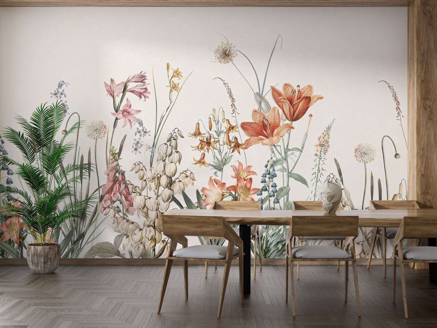 Bright flowers beige wall mural design in modern dining room.