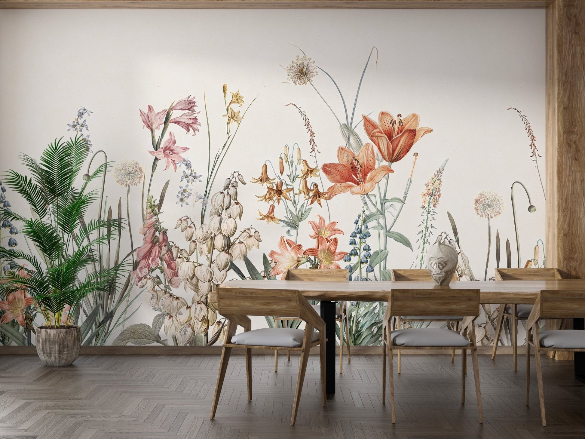 Bright flowers beige wall mural design in modern dining room.