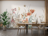 Bright flowers beige wall mural design in modern dining room.