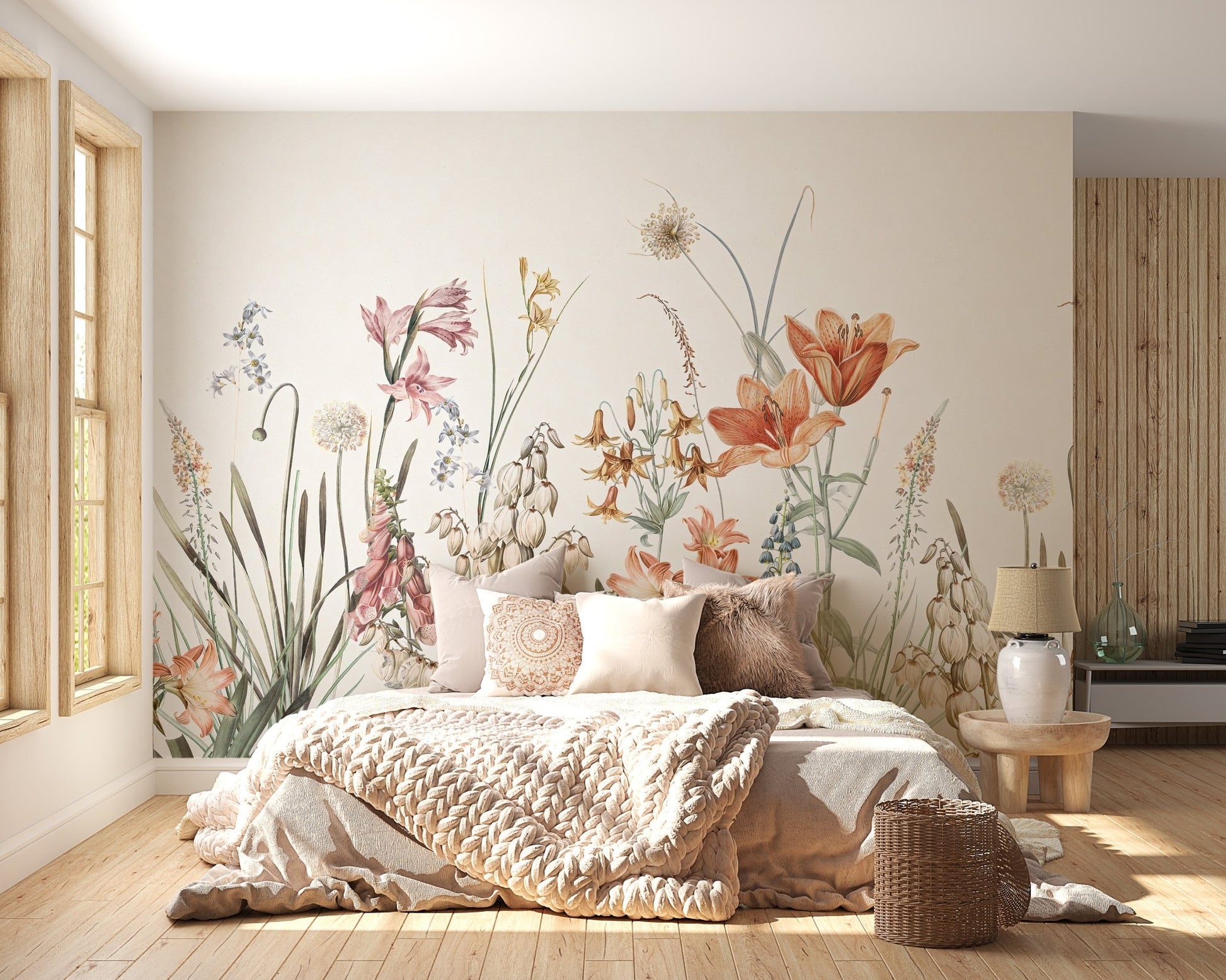 Multicolor flowers on beige wall mural in bright bedroom.