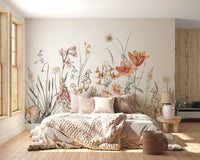 Multicolor flowers on beige wall mural in bright bedroom.