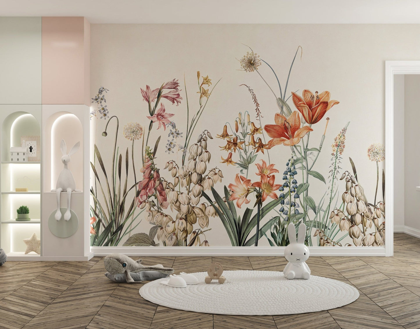 Beige backdrop colorful floral mural in kids playroom.