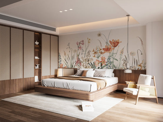 Colorful blossoms beige wall mural in master bedroom.