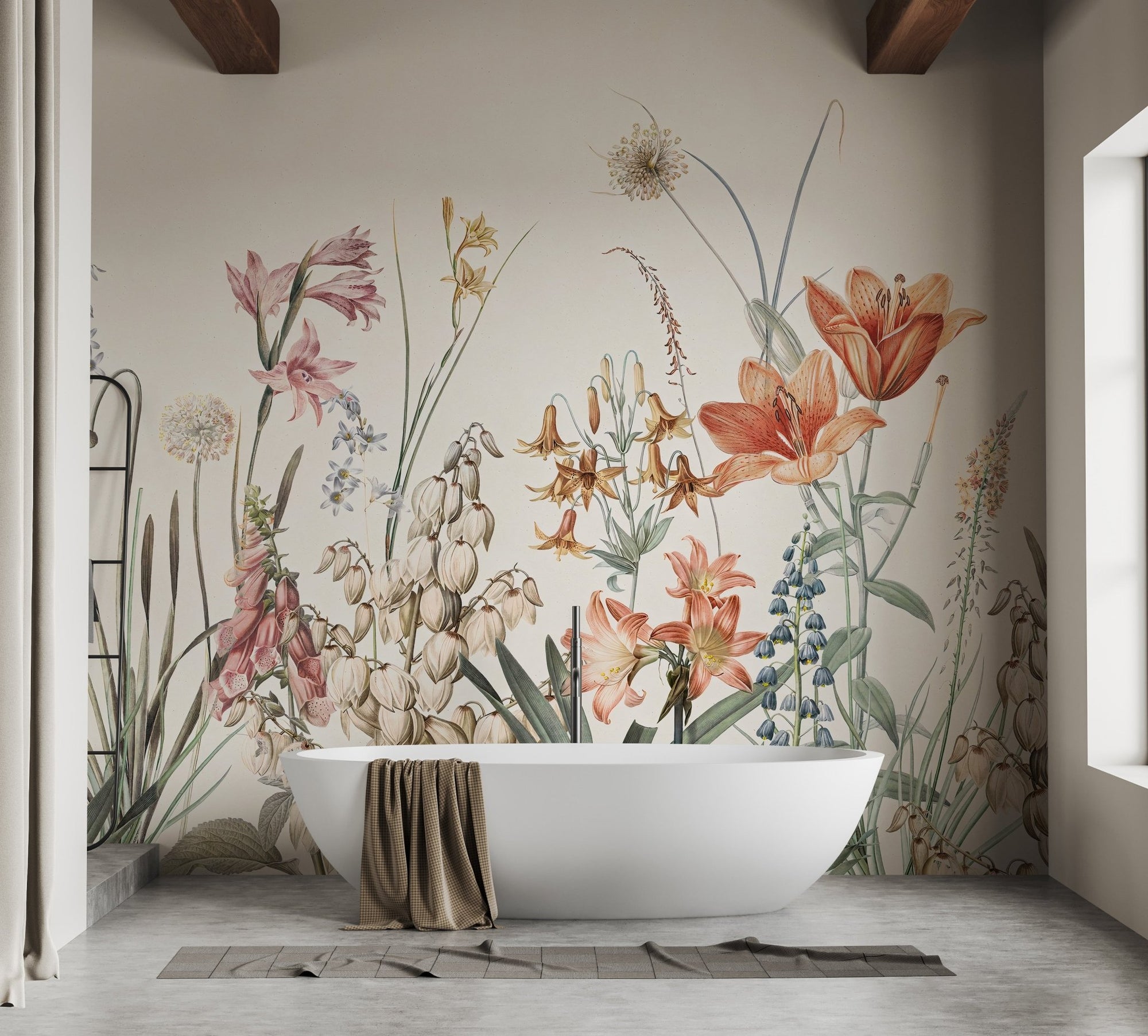 Beige floral arrangement mural in a bright bathroom setting.