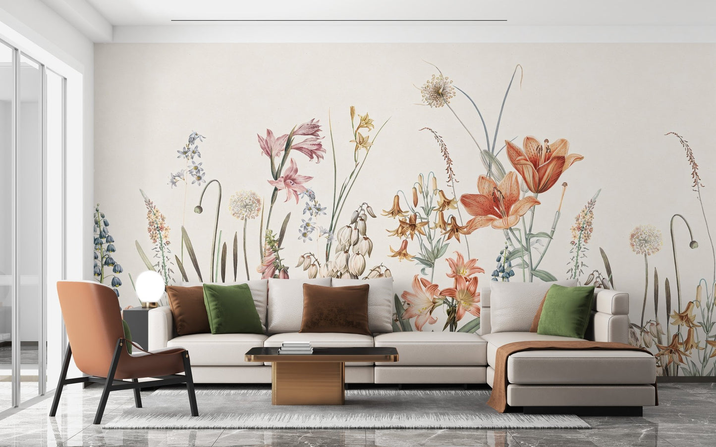 Beige background floral pattern mural in open plan living area.