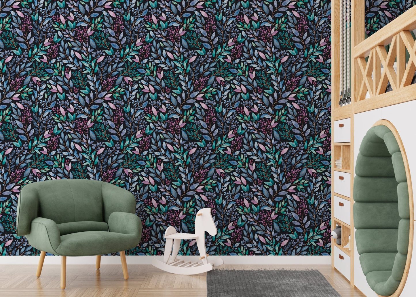 Botanical leaves wallpaper pattern in a playroom featuring a green armchair and wooden toys.
