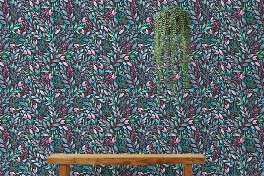 Colorful Flowers Hand Painted Leaves Wallpaper on a feature wall with a wooden bench.