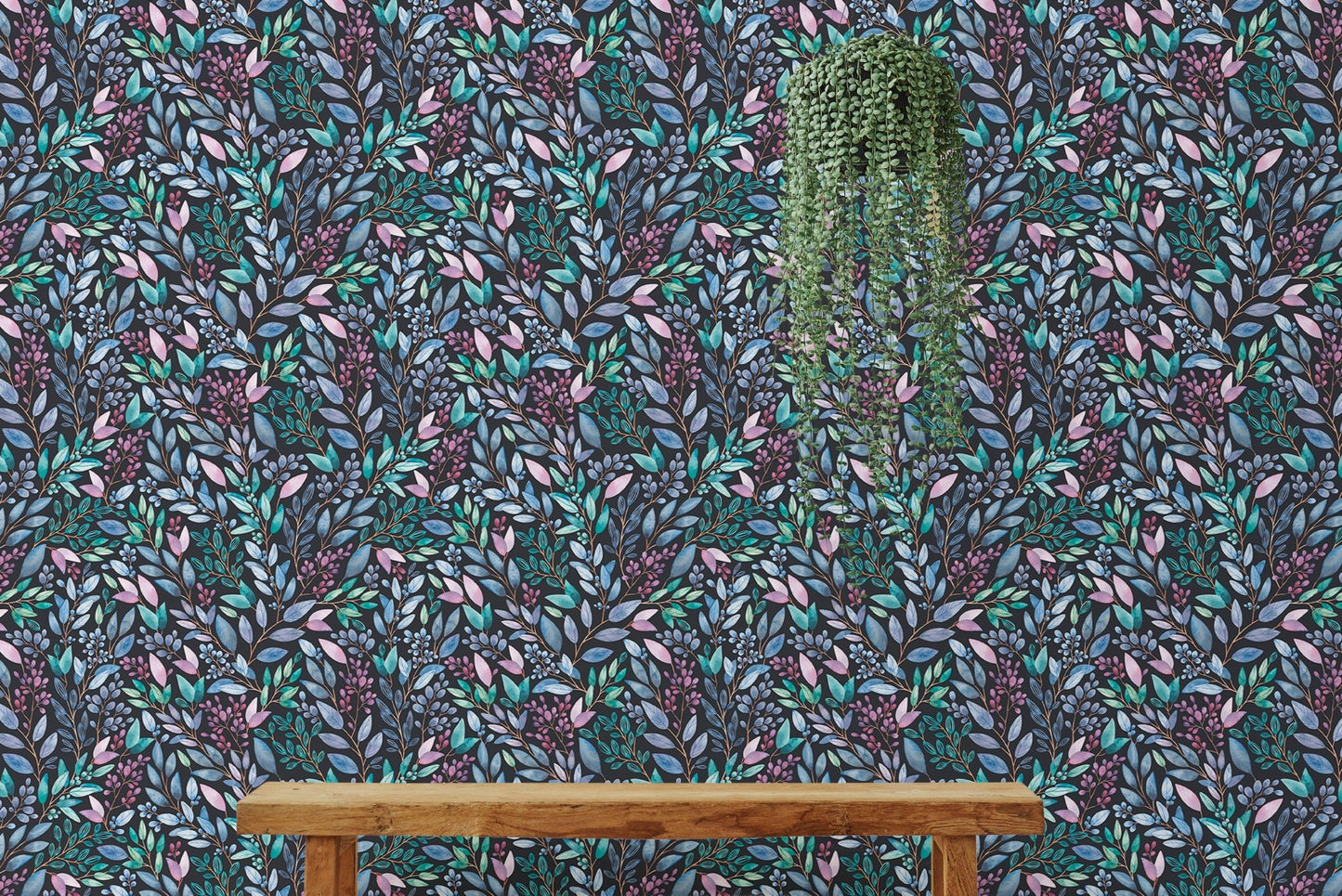Colorful Flowers Hand Painted Leaves Wallpaper on a feature wall with a wooden bench.