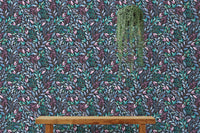 Colorful Flowers Hand Painted Leaves Wallpaper on a feature wall with a wooden bench.