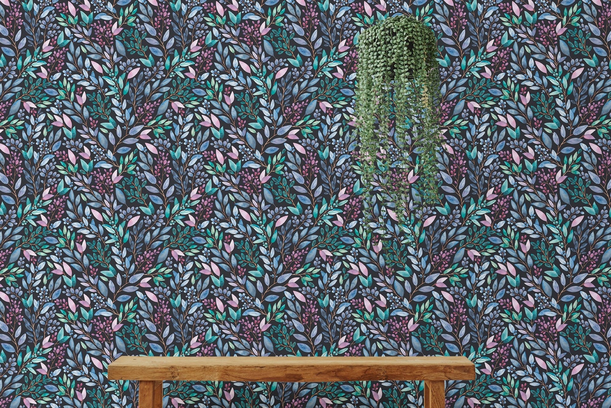 Colorful Flowers Hand Painted Leaves Wallpaper on a feature wall with a wooden bench.