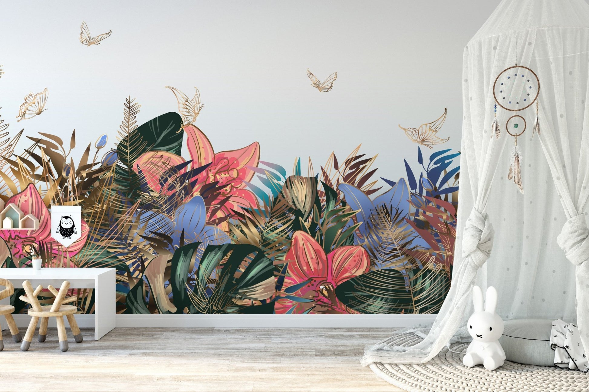 Tropical garden wall mural in a nursery featuring a white canopy tent.