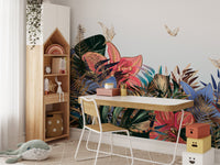 Nature themed garden wall mural in a study space with a tall wooden bookshelf.