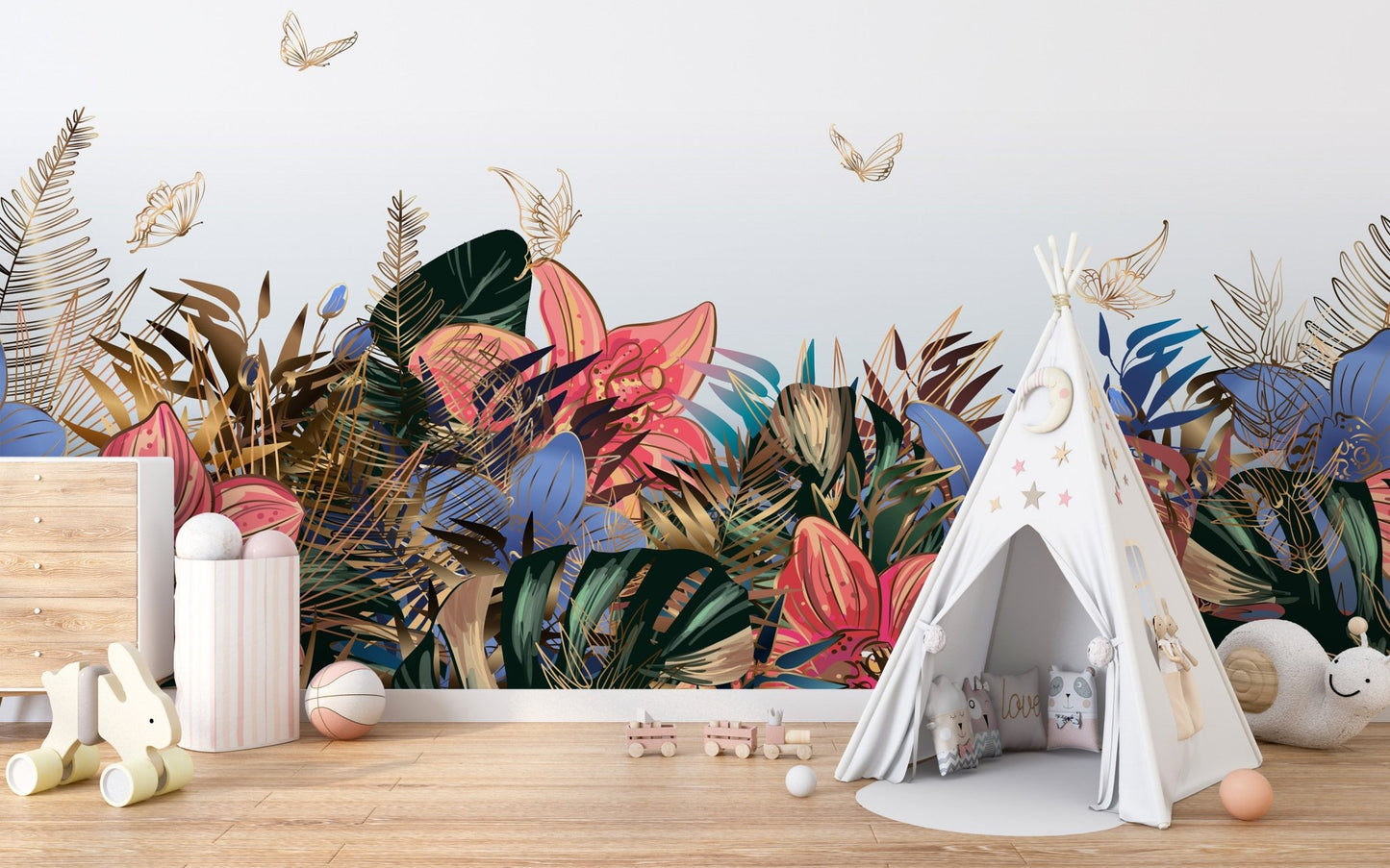 Botanical garden wall mural with butterfly details in a play area with a teepee.