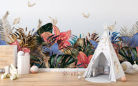 Botanical garden wall mural with butterfly details in a play area with a teepee.