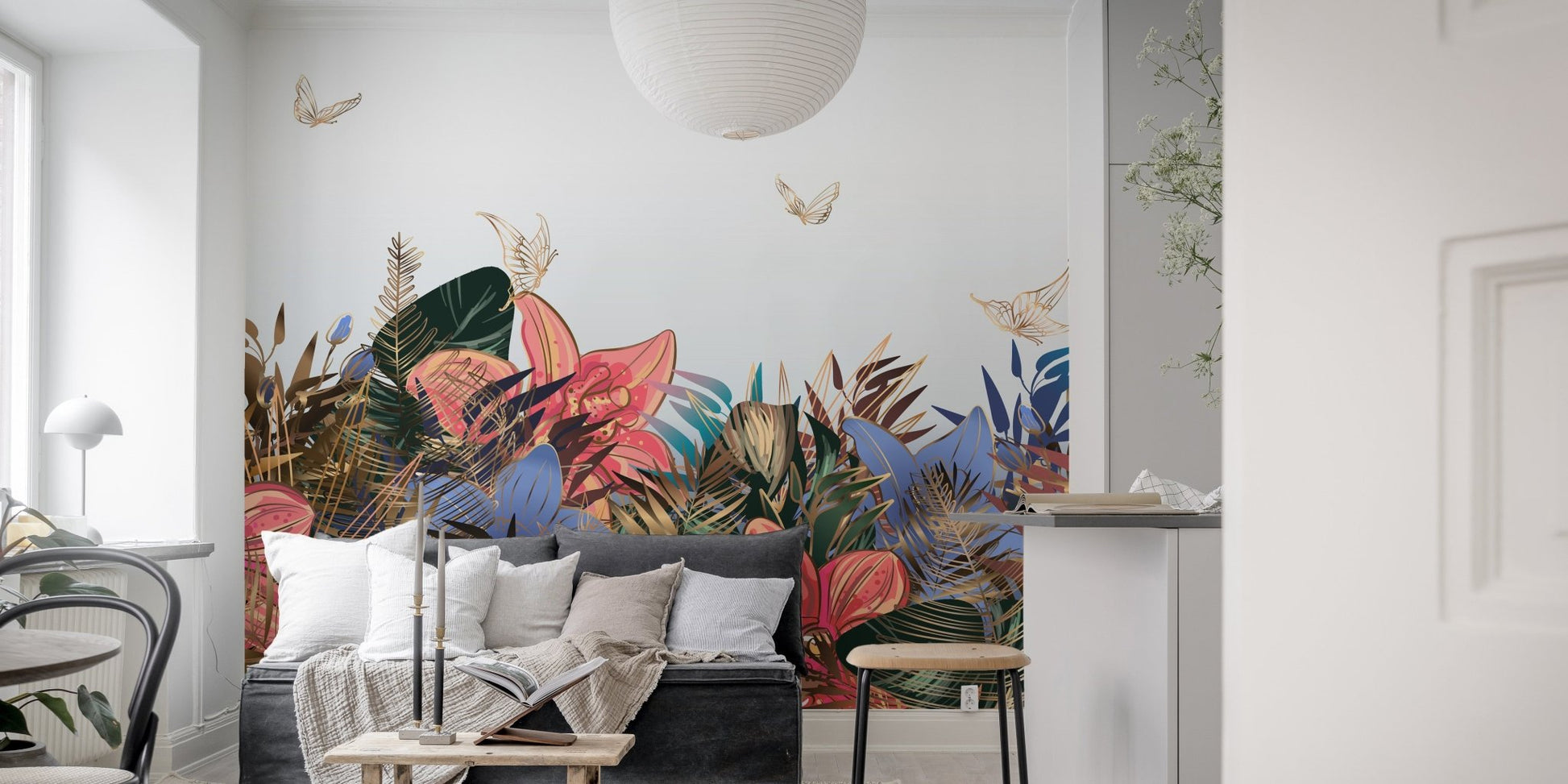 Floral garden wall mural with blue and orange accents in a modern flat.
