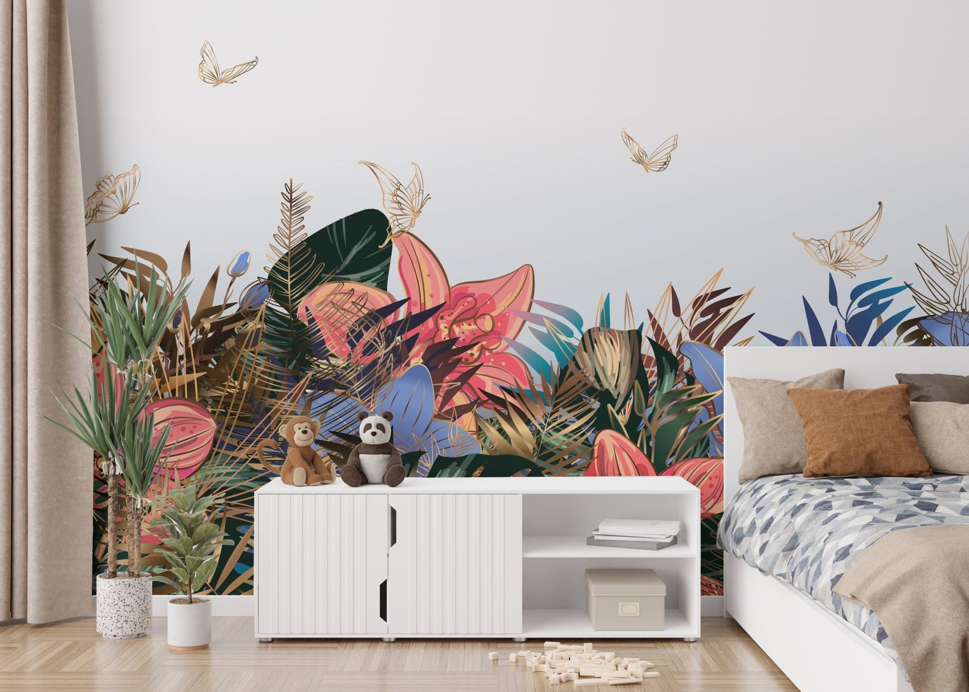 Colorful Garden Delight wall mural behind a white media console in a bedroom.