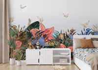 Colorful Garden Delight wall mural behind a white media console in a bedroom.