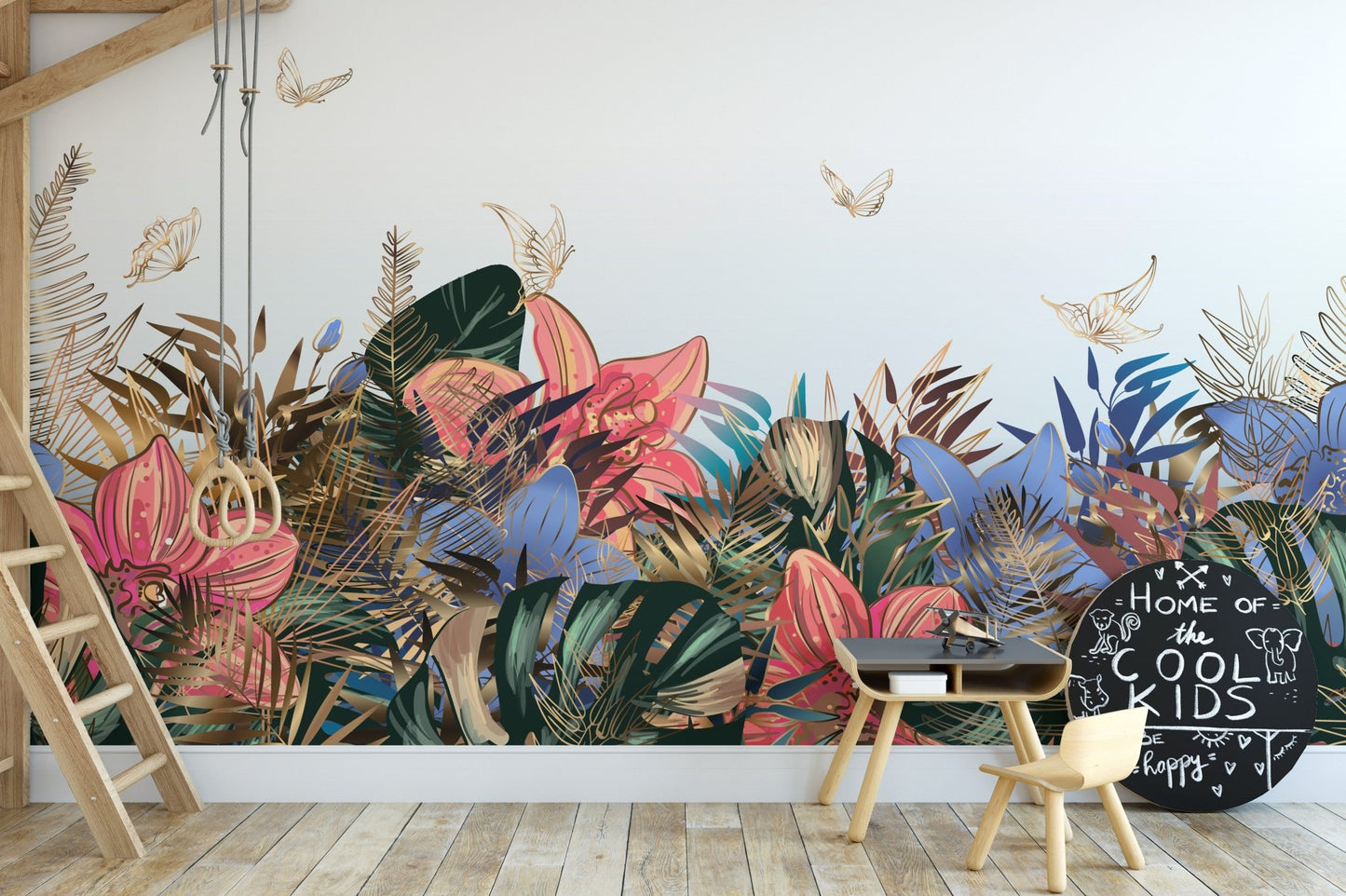 Colorful Garden Delight wall mural with pink flowers in a kids playroom.