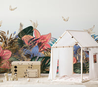 Large scale floral garden wall mural in a bedroom featuring a wooden house bed.