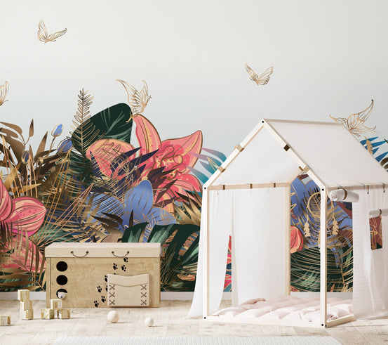 Large scale floral garden wall mural in a bedroom featuring a wooden house bed.