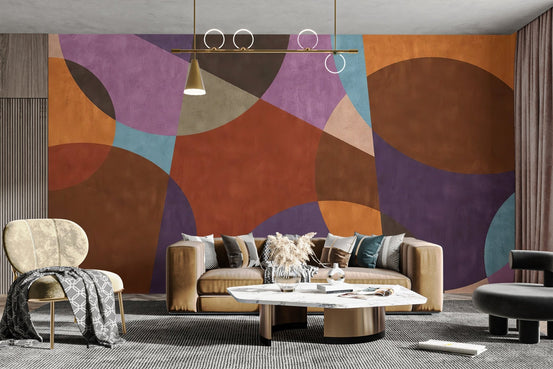Geometric circles wall mural with a textured plaster effect.