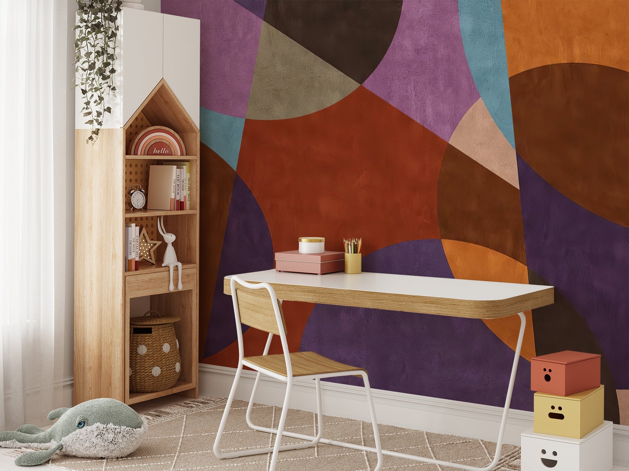 Colorful geometric shapes wall mural with bold circular patterns.