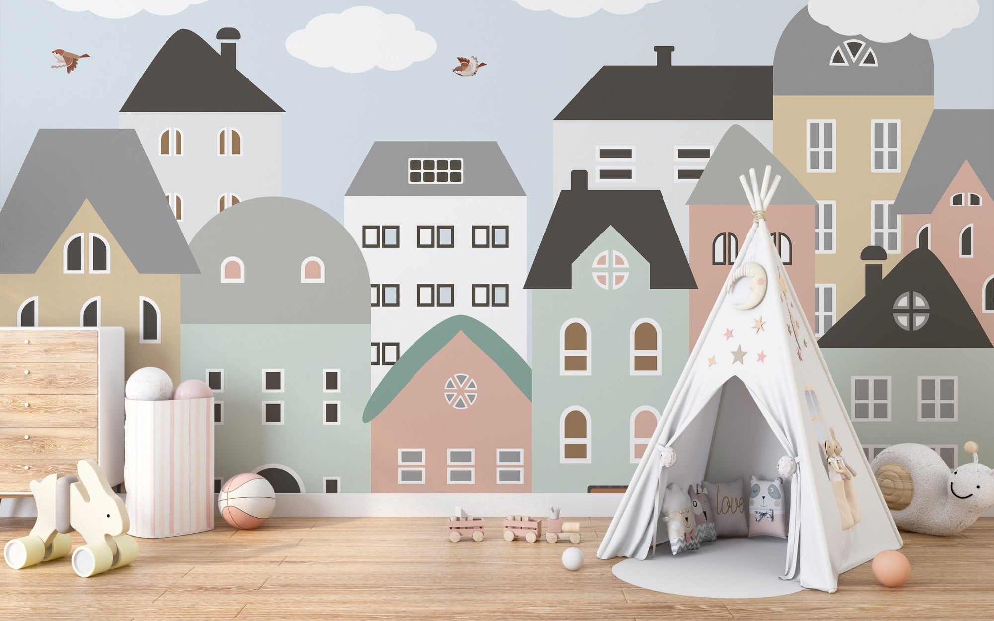 Colorful Houses Wall mural for Kids Room with a white teepee tent on wooden flooring.