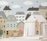 Bright colorful houses wall mural for children's spaces.