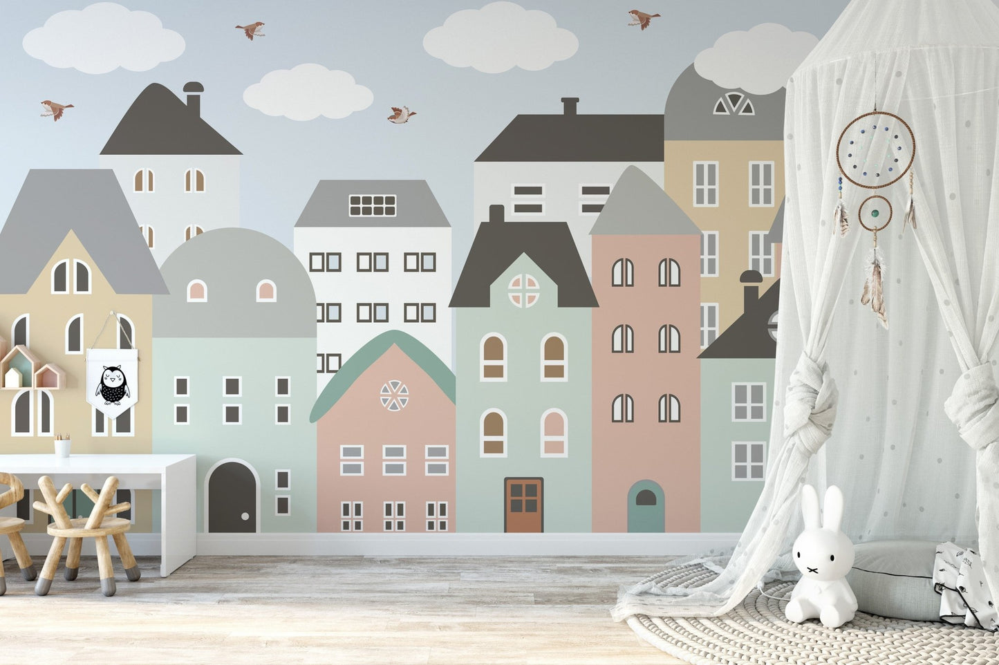 Neutral playroom featuring a white tent and Colorful Houses Wall mural.