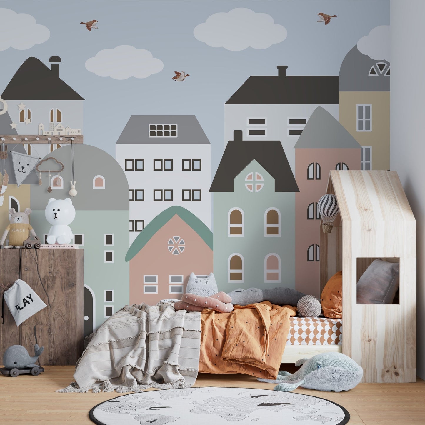 Fun and vibrant wall mural with houses for kids bedroom decor