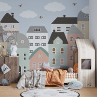 Fun and vibrant wall mural with houses for kids bedroom decor