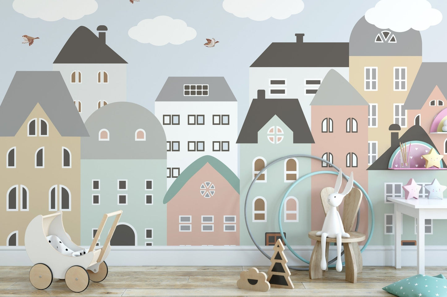 Bright kids room wall mural with colorful house patterns.