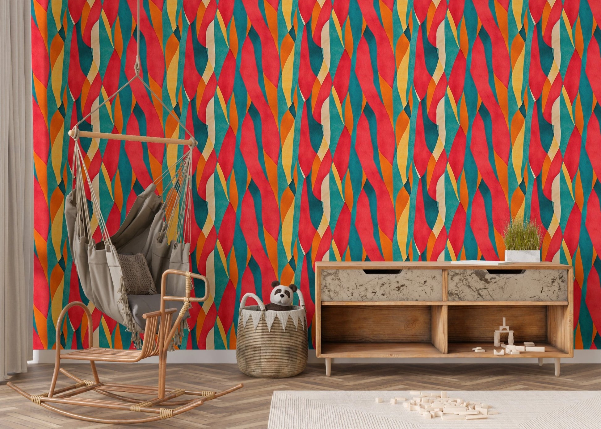 Multi-color striped wall mural behind a hanging chair and wooden sideboard.